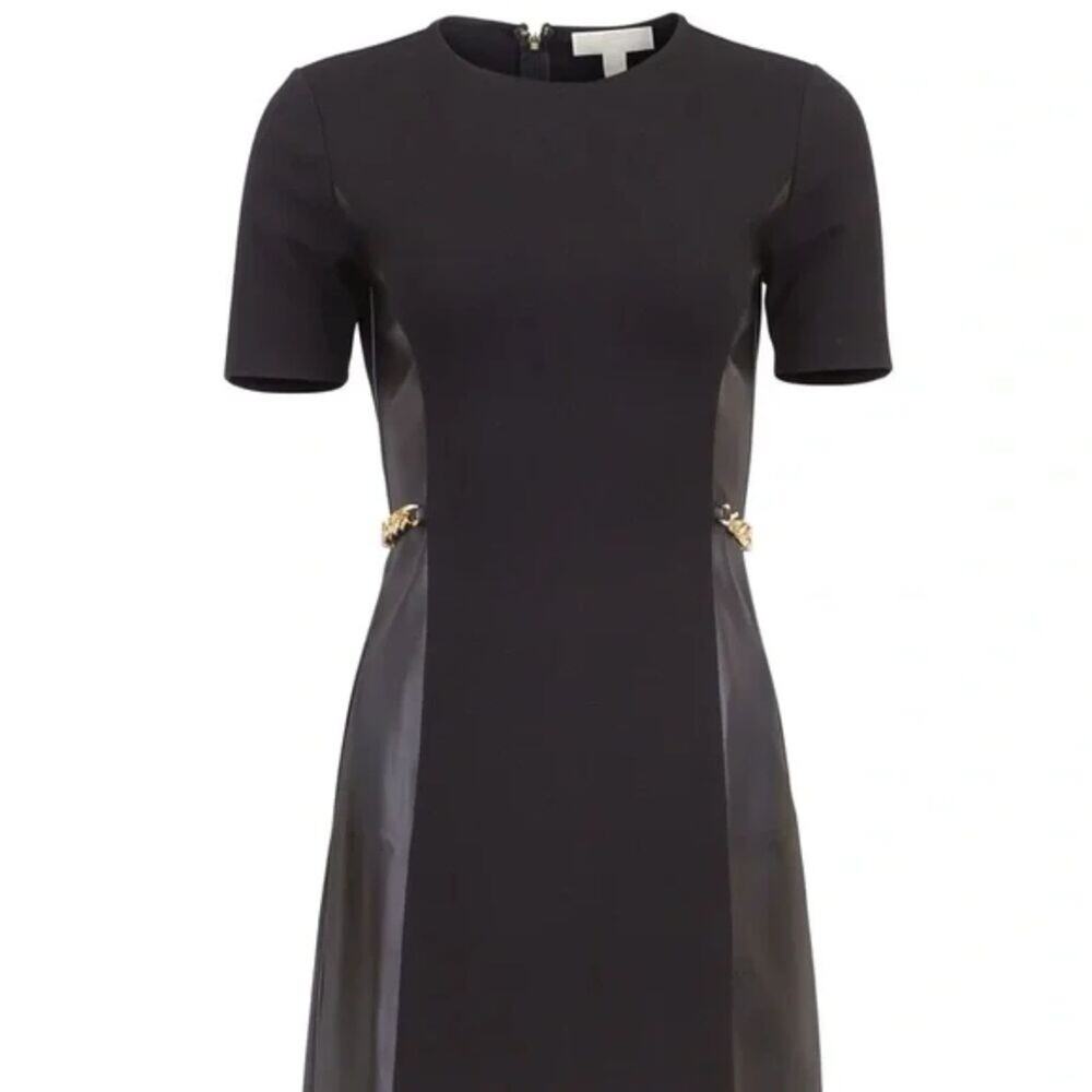 Michael Kors Faux-Leather Gold Chain Dress, Black, Size Small NWT